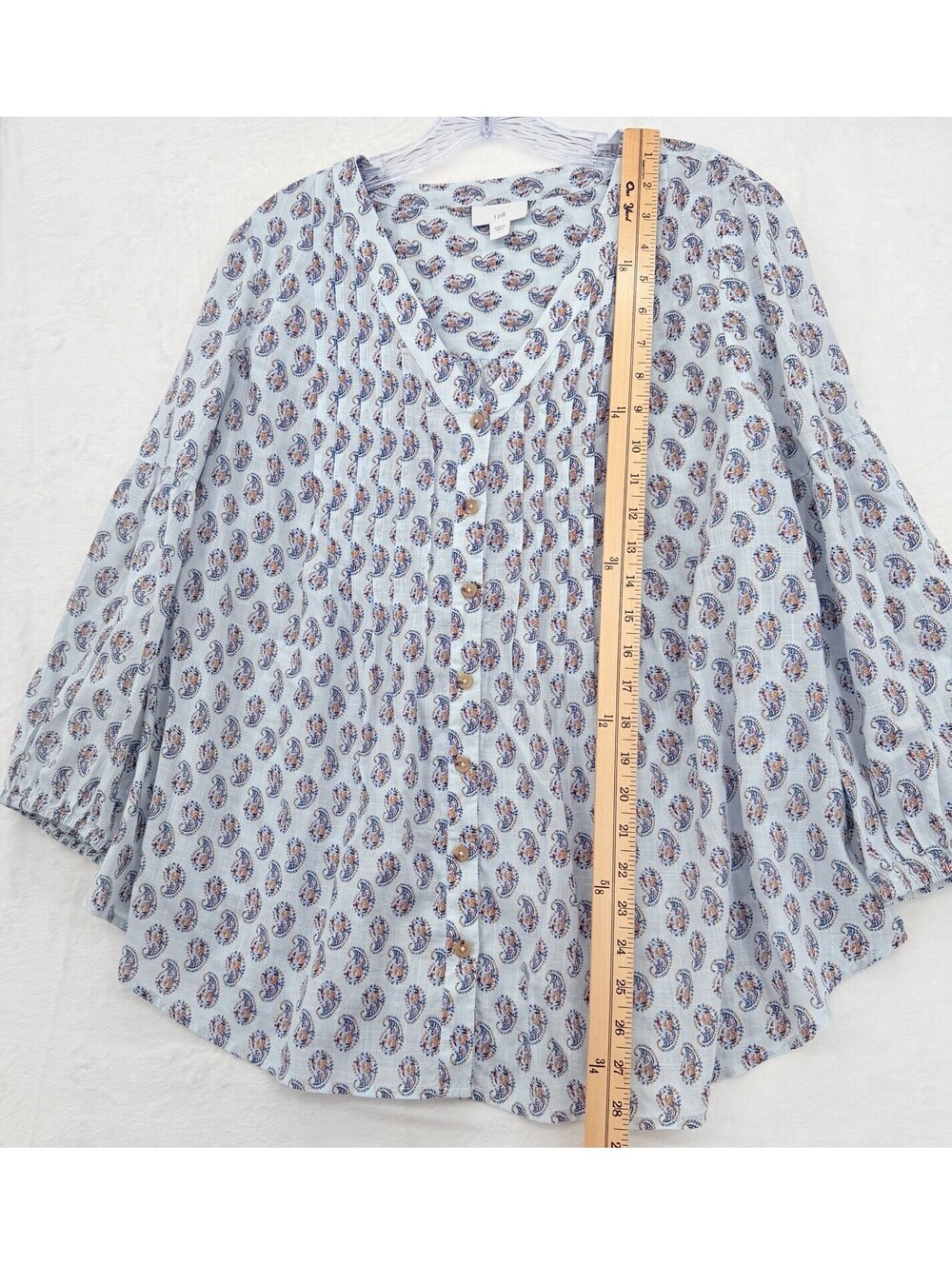 J Jill Top Large Blue Floral Madeira Pintuck Blouse 100% Cotton 3/4 Sleeve Women - Picture 8 of 9